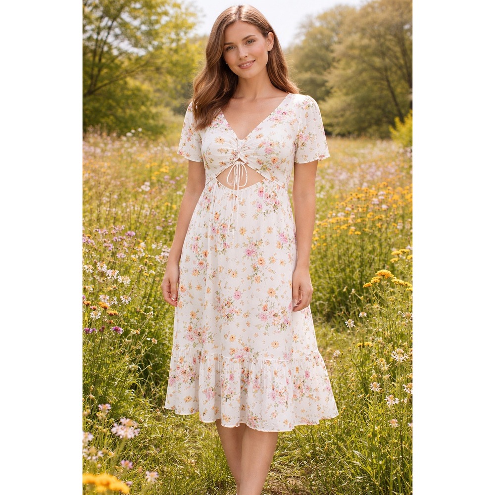 NWT WAYF Ivory Floral Front Cut-Out Tiered Midi Dress Size L Resort Vacation‎